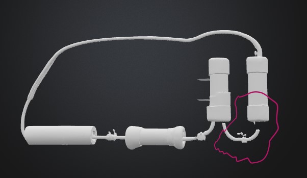 the 3d model and pointing where water will go out