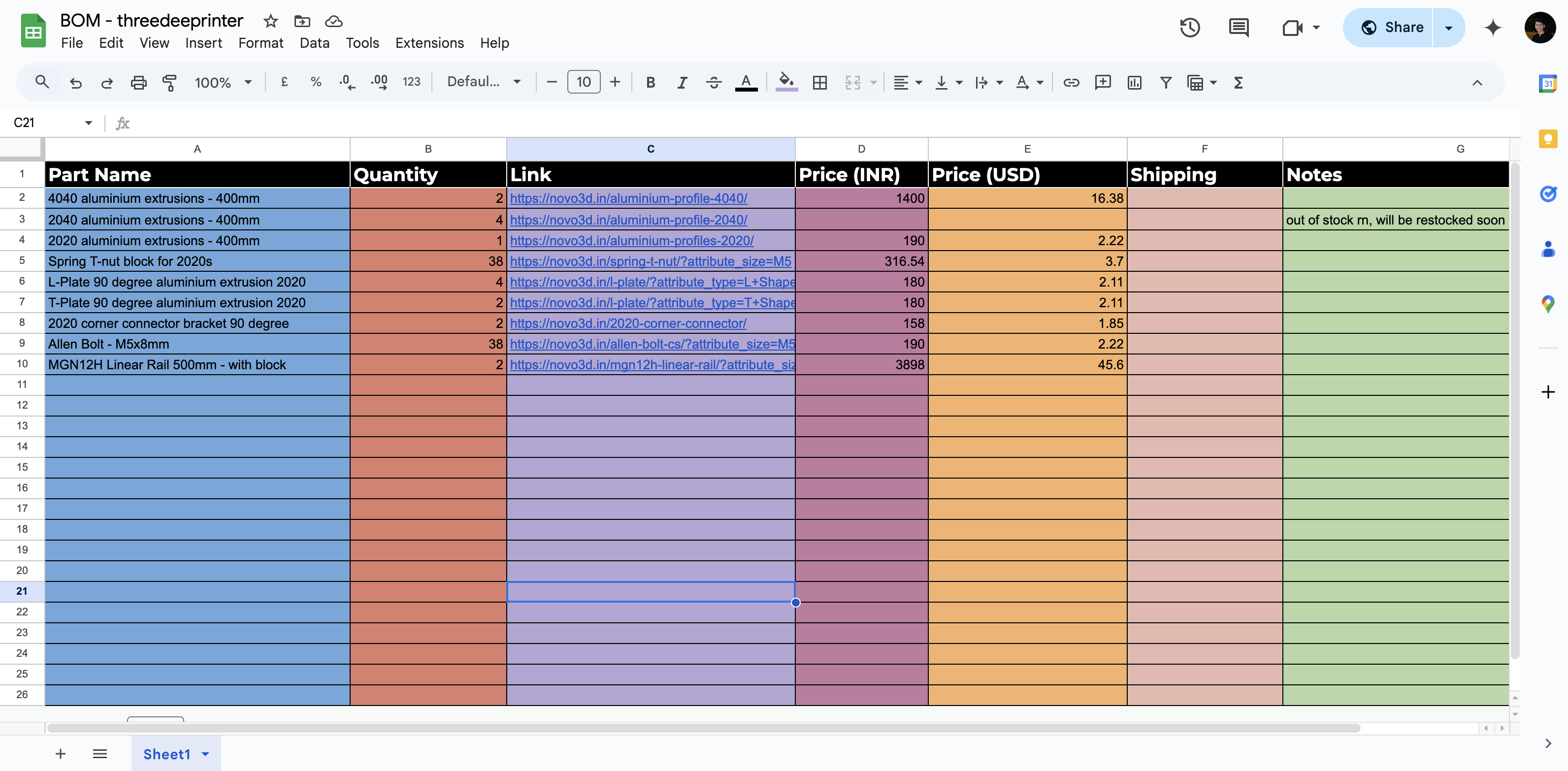pic of BOM on google sheets