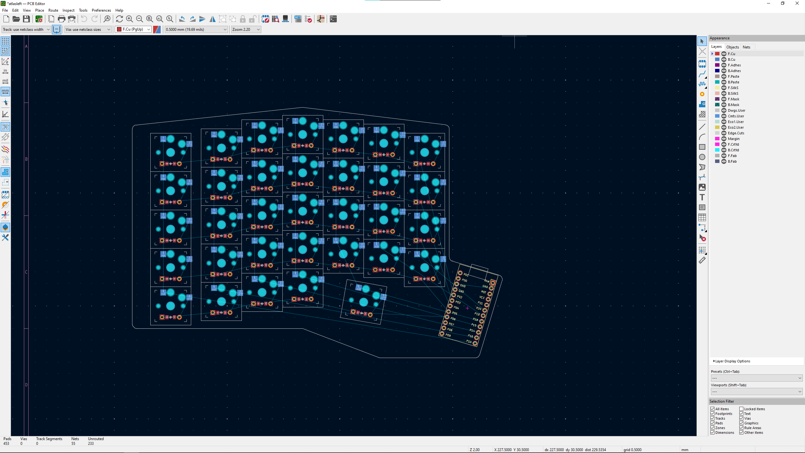 screenshot of the board imported into KiCAD