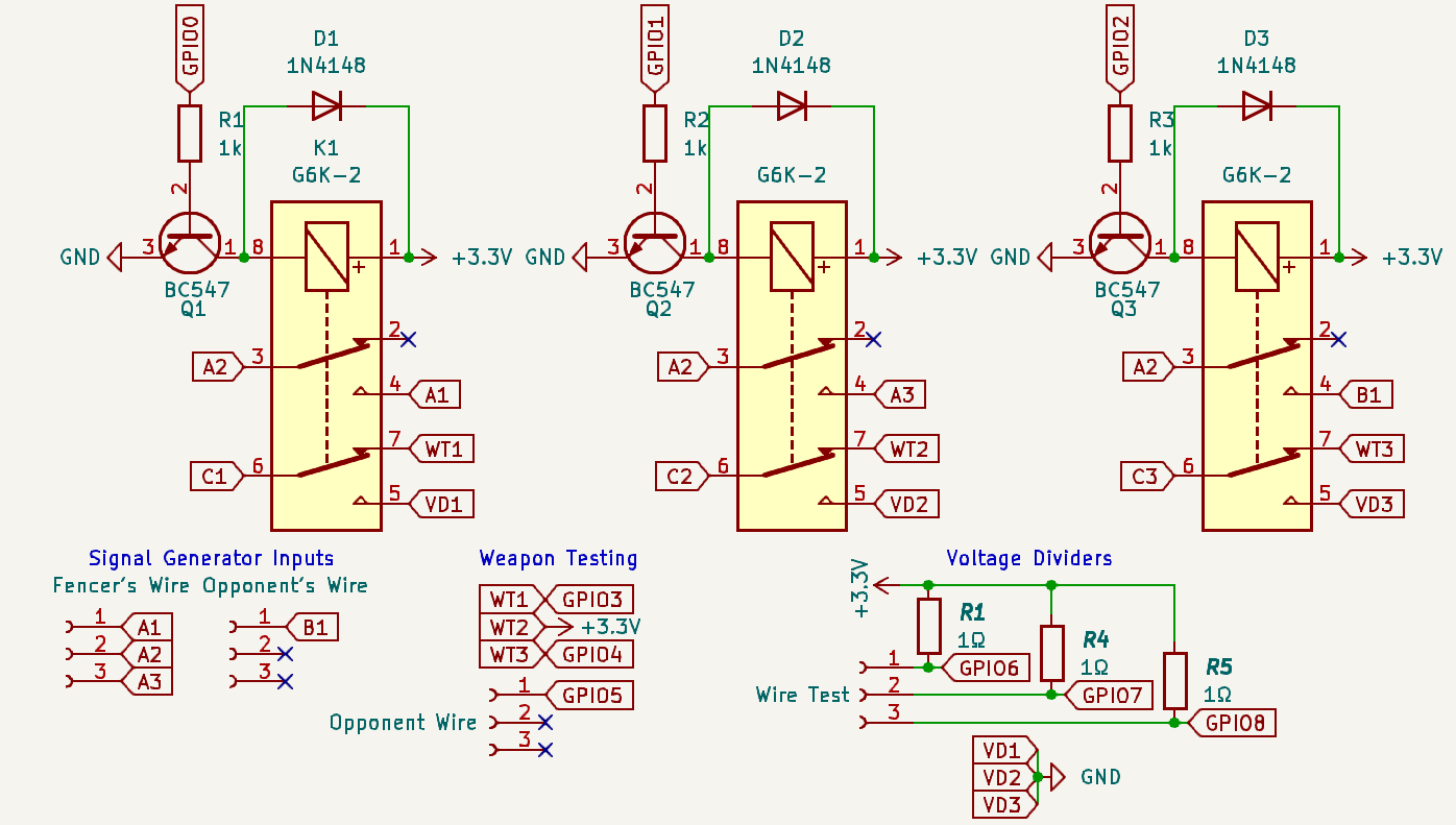 Schematic of the relays, voltage dividers, and weapon tester integrated together