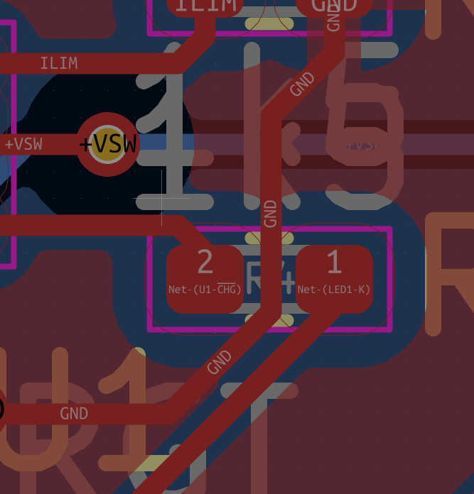 A ground trace running between 2 pads of a 0402 resistor